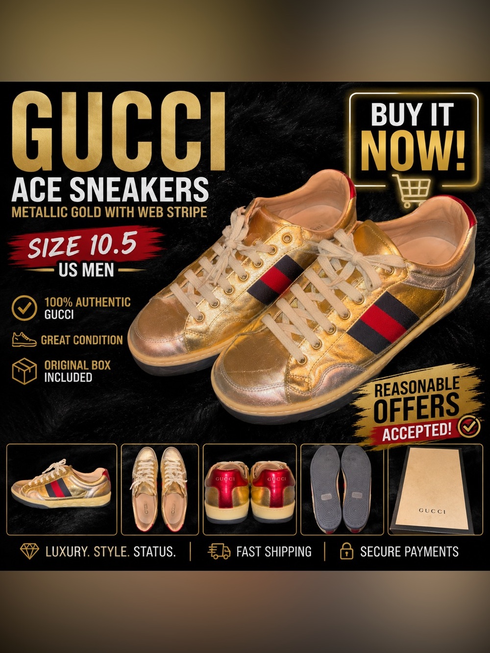 Gucci Ace Metallic Gold Web Stripe Sneakers Men’s 10.5 Authentic w/ Box